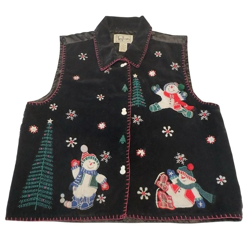 TanTrums Black Velvet Snowman Christmas Vest Women's Size M Ugly Sweater Party